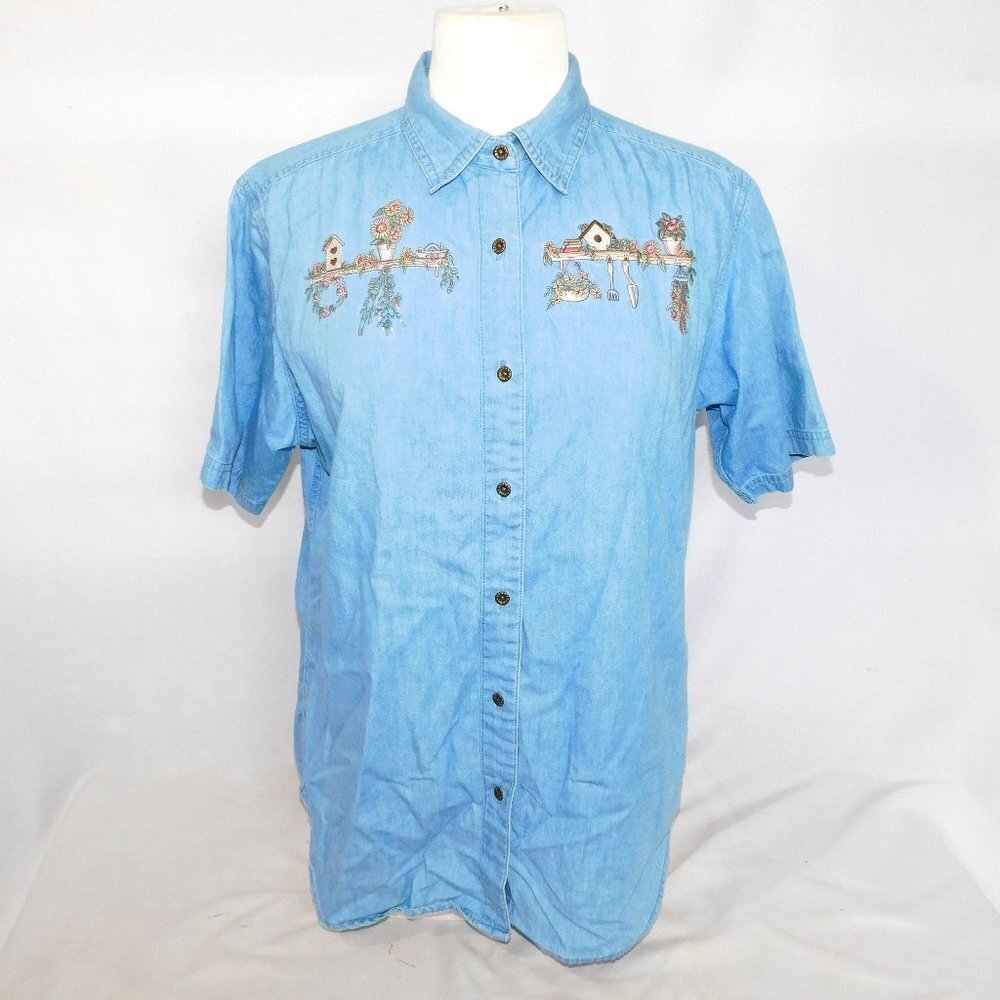 VTG Northern Reflections Gardener Embroidered Blue Chambray Shirt Womens M